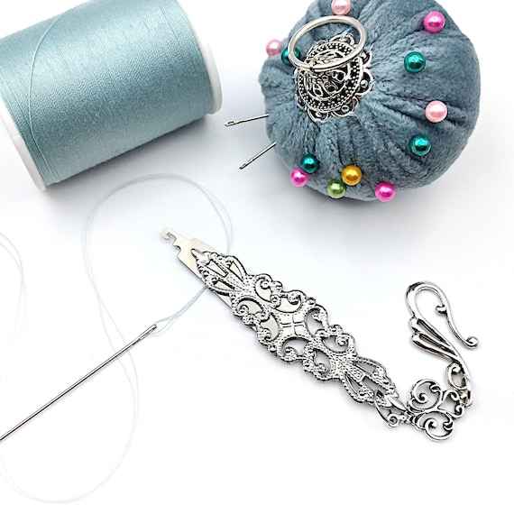 Silver Filigree Embellished Needle Threader with Hook for Chatelaine- Hand Sewing, Yarn Threader, Seamstress Gift, Sewing Chatelaine Tools