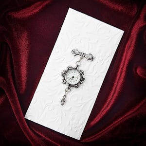 Victorian Style Swirls Fob Watch Brooch w/ Ornate Drop Ornament- Watch Pin, Bow Brooch Watch, Lapel Watch Pin, Nurse Brooch (Gold or Silver) Antique Silver