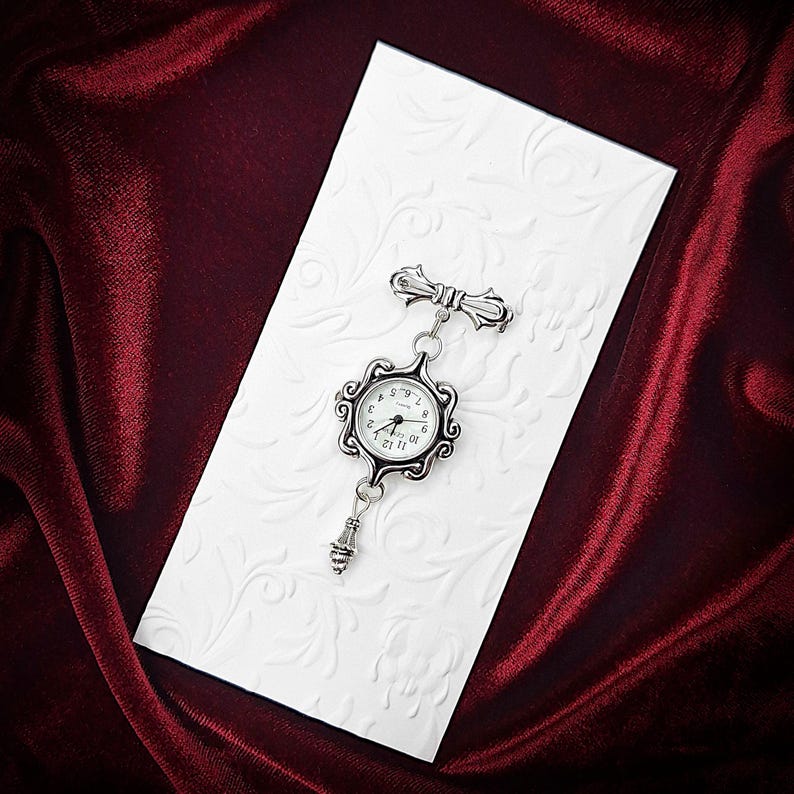 Victorian Style Swirls Fob Watch Brooch w/ Ornate Drop Ornament- Watch Pin, Bow Brooch Watch, Lapel Watch Pin, Nurse Brooch (Gold or Silver) Antique Silver