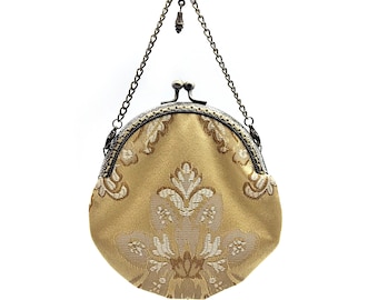 Mini Gold Damask Chatelaine Purse w/ Removable Bronze Chain-  Chatelaine Coin Purse, Coin Purse Pendant, Vintage Coin Purse