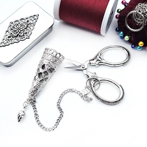 Vintage Style Mini Chatelaine Scissors w/ Ornate Filigree Sheath & Safety Chain- Vintage Embroidery Scissors, Victorian Sewing Chatelaine