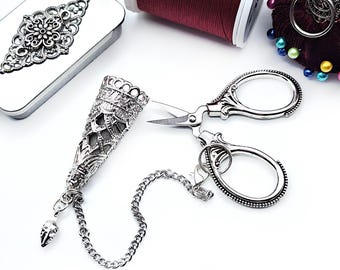 Vintage Style Mini Chatelaine Scissors w/ Ornate Filigree Sheath & Safety Chain- Vintage Embroidery Scissors, Victorian Sewing Chatelaine