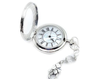 Full Size Pocket Watch w/ Glass Bead Accented Chain & Opalescent Watch Face for Chatelaine + Bonus Necklace Chain and Storage Pouch