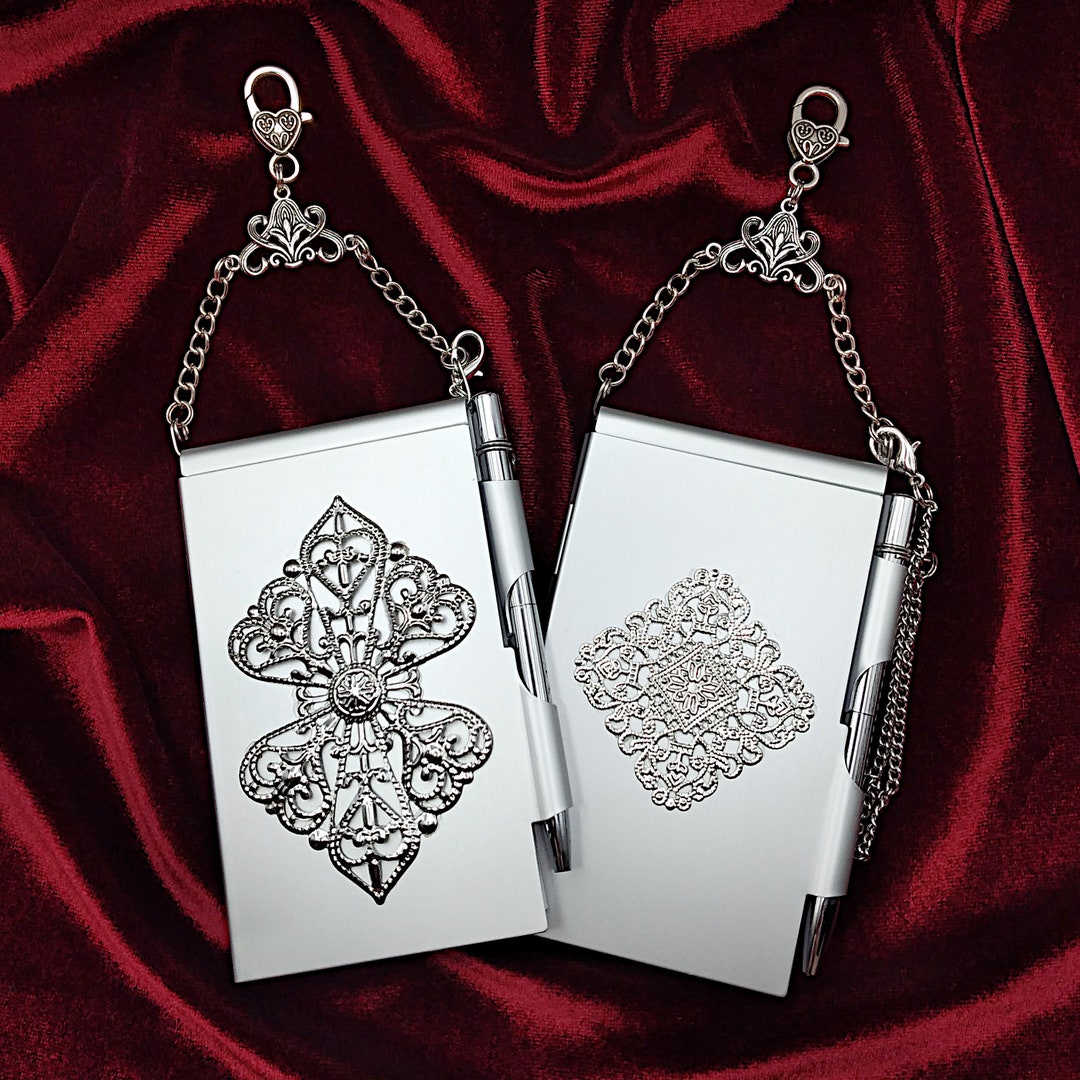 Metal Flip Memo Pad/ Pen Set, Embellished With Silver Filigree, for