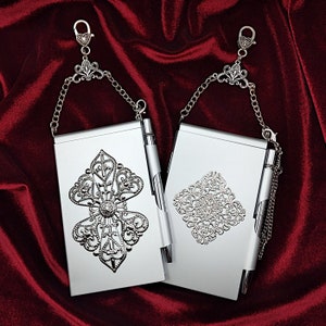 Metal Flip Memo Pad/ Pen Set, Embellished with Silver Filigree, for Chatelaine + Refills Available- Chatelaine Notebook, Chatelaine Pen
