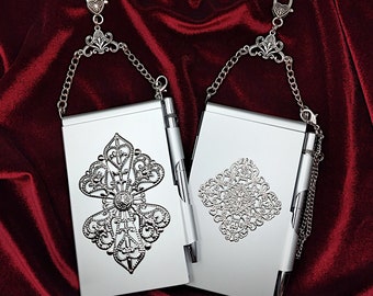 Metal Flip Memo Pad/ Pen Set, Embellished with Silver Filigree, for Chatelaine + Refills Available- Chatelaine Notebook, Chatelaine Pen