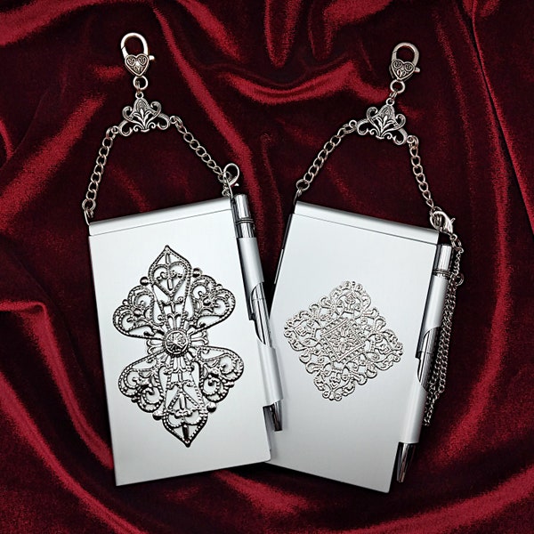 Metal Flip Memo Pad/ Pen Set, Embellished with Silver Filigree, for Chatelaine + Paper/ Pen Refill -  Chatelaine Notebook, Chatelaine Pen