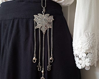 Filigree Maple Leaf Chatelaine w/ Five Accessory Chains & Acorn Charm Accent- Victorian Chatelaine, Silver Chatelaine, Waist Chatelaine