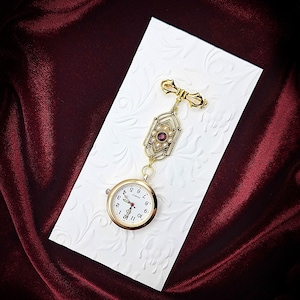 Victorian Style Gold Fob Watch Brooch w/ Faux Pearl Accented Medallion- Vintage Watch Pin, Bow Brooch Watch, Lapel Watch Pin, Nurse Brooch