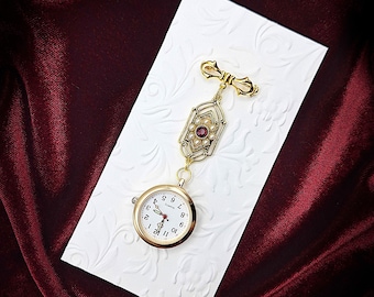 Victorian Style Gold Fob Watch Brooch w/ Faux Pearl Accented Medallion- Vintage Watch Pin, Bow Brooch Watch, Lapel Watch Pin, Nurse Brooch