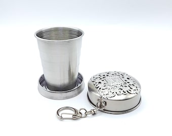 Telescoping Stainless Steel Travel Cup Embellished w/ Filigree Medallion & Large Hanging Clasp for Chatelaine (2 Sizes)- Chatelaine Cup