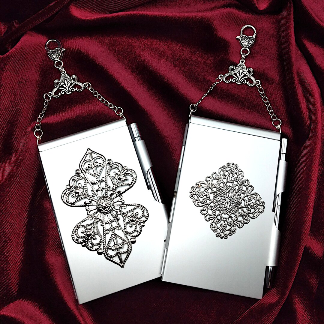 Metal Flip Memo Pad/ Pen Set, Embellished With Silver Filigree, for