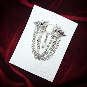 Ornate Chatelaine Brooch w/ Cabochon & Drop Ornament- Silver Chatelaine, Gold Chatelaine, Sewing Chatelaine, Victorian Brooch (6 Styles)