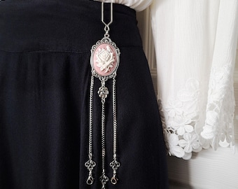 Pink and Ivory Rose Cameo Waist Chatelaine w/ Flower Charm & Filigree Accents- Victorian Chatelaine, Silver Chatelaine