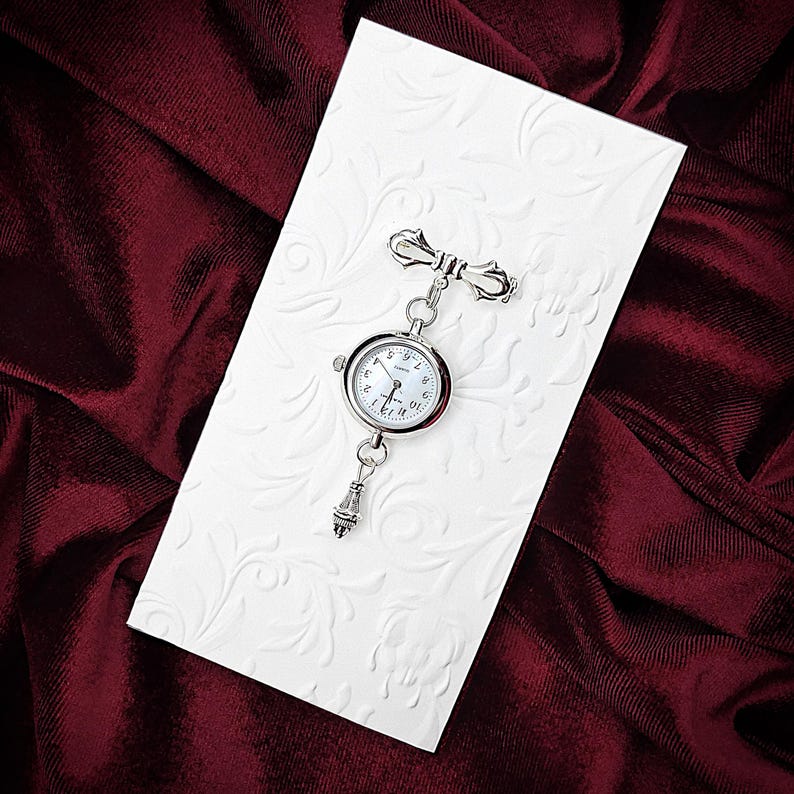 Victorian Style Fob Watch Brooch w/ Ornate Drop Ornament- Vintage Watch Pin, Bow Brooch Watch, Lapel Watch Pin, Nurse Brooch (2 Styles) Style #2: Pearlized