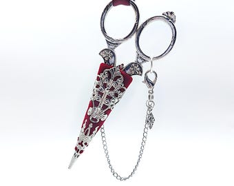 Vintage Style Embroidery Scissors w/ Velvet Flocked & Silver Filigree Scabbard + Safety Chain- Sewing Chatelaine Tools, Chatelaine Scissors