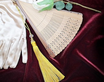 Ornate Carved Brise' Folding Hand Fan w/ XL Tassel & Beading Accent- Victorian Hand Fan, Regency Hand Fan (Waterlily)