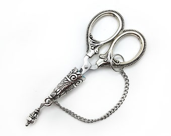 Ornate Mini Chatelaine Scissors w/ Embellished Safety Cover & Chain- Vintage Embroidery Scissors, Victorian Sewing Chatelaine