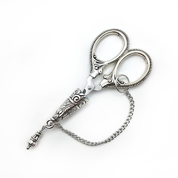 Ornate Mini Chatelaine Scissors w/ Embellished Safety Cover & Chain- Vintage Embroidery Scissors, Victorian Sewing Chatelaine