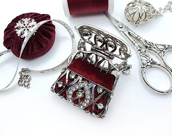 Filigree & Velvet Purse Shaped Sewing Needle Case w/ Rhinestone Accents for Chatelaine- Chatelaine Tools, Pin Cushion, Sewing Tools