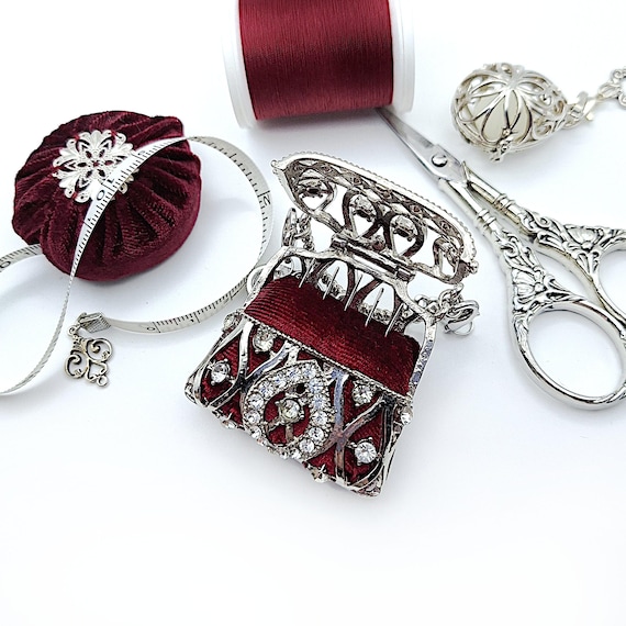 Filigree & Velvet Purse Shaped Sewing Needle Case w/ Rhinestone Accents for Chatelaine- Chatelaine Tools, Pin Cushion, Sewing Tools