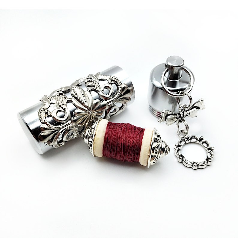 Chatelaine Bobbin Etui Case Thread Holder w/ Filigree Accents & Embellished Spool Sewing Chatelaine, Sewing Etui, Chatelaine Bobbin Holder image 1