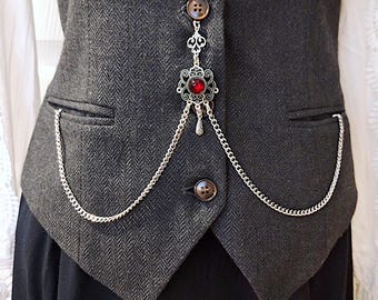 Vintage Style Double Albert Pocket Watch Chain w/ Red Glass Cabochon Medallion, T-bar, Swivel Clasps & Floral Accents- Watch Chatelaine
