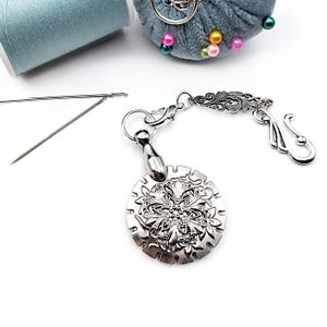 Vintage Style Silver Metal Disk Thread Cutter with Filigree Accents and Removable Chain- Chatelaine Tools, Yarn Cutter, Sewing Pendant