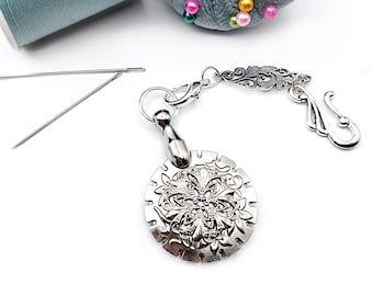 Vintage Style Silver Metal Disk Thread Cutter with Filigree Accents and Removable Chain- Chatelaine Tools, Yarn Cutter, Sewing Pendant