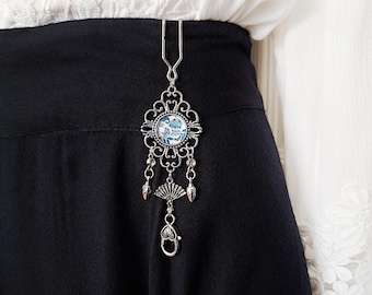 Elegant Hand Fan Chatelaine w/ Glass Cabochon & Rhinestone Charm Accents- Victorian Fan Holder, Folding Fan Accessories, Pocket Watch Holder
