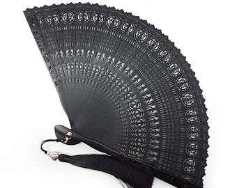 Exquisitely Carved Brise' Style Folding Hand Fan + Chatelaine Fob w/ Rhinestone Accents- Victorian Hand Fan, Regency Hand Fan (Tulips Motif)