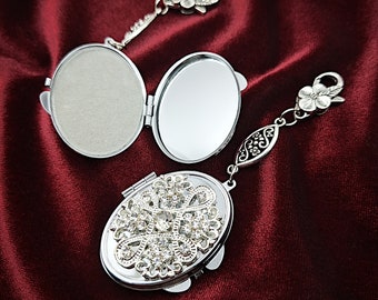Chatelaine Mirror Embellished w/ Faux Gem & Rhinestone Brooch- Vintage Compact, Chatelaine Compact Mirror, Handbag Charm, Mirror Pendant