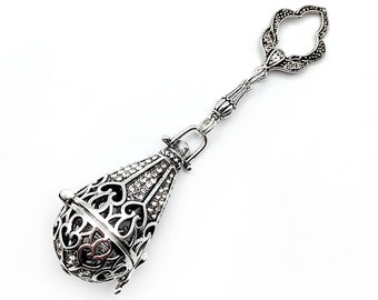 Silver Filigree Teardrop Thread Wax Holder with Crystal Accents, for Chatelaine or Necklace + Wax Refills- Thread Conditioner, Tailoring Wax