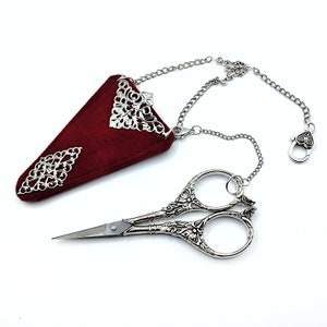 Vintage Embroidery Scissors, with Velvet Flocked & Silver Filigree Holder, for Victorian Sewing Chatelaine