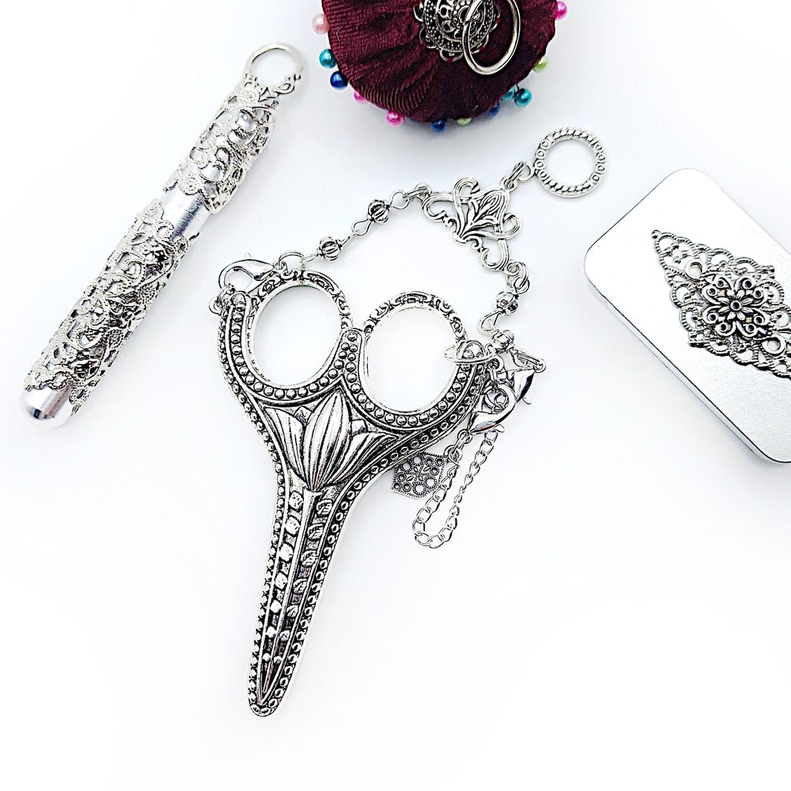 Chain Sheath Ornately Embossed Embroidery Scissor & Metal Sheath Set W/ Safety Chain ...