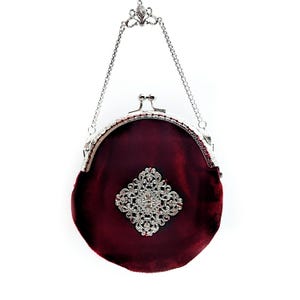 Velvet Chatelaine Coin Purse w/ Filigree Medallion Accent & Removable Silver Chain- Coin Purse Pendant, Vintage Coin Purse (5 Colors)