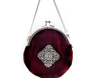 Velvet Chatelaine Coin Purse w/ Filigree Medallion Accent & Removable Silver Chain- Coin Purse Pendant, Vintage Coin Purse (5 Colors)