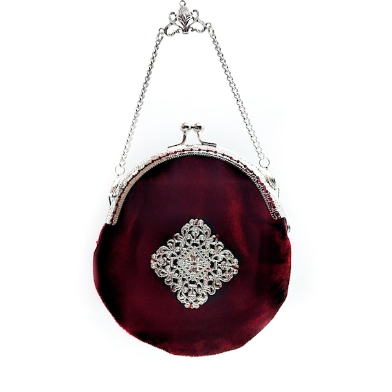 Velvet Chatelaine Coin Purse w/ Filigree Medallion Accent & Removable Silver Chain- Coin Purse Pendant, Vintage Coin Purse (5 Colors)