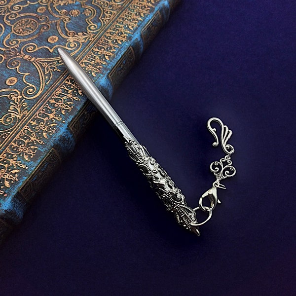 Silver Filigree Embellished Mini Ballpoint Pen with Removable Vintage Style Chain- Chatelaine Pen, Pen Keychain, Pen Pendant, Handbag Charm