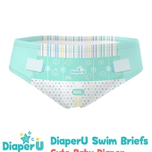 Könnte beinhalten: Eine türkisblaue Schwimmwindel mit einem weißen Tupfenmuster und einem gelben und weißen gestreiften Bund. Die Windel hat ein weißes Etikett mit dem Text "Diaper U" und "XXL" darauf gedruckt. Die Windel ist für Babys und Kleinkinder konzipiert.