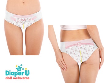 May include: White underwear with a pink and yellow bunny print. The underwear has a pink elastic waistband with a white stripe and the words "DiaperU" in blue. The text "Little Bunny" is written in pink above the underwear.