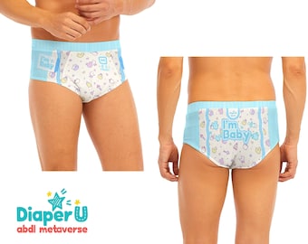 ABDL Adult Baby Boy Briefs Underwear - I'm Baby (Baby Blue)