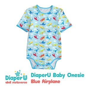 May include: A blue baby onesie with a pattern of aeroplanes and clouds. The onesie has short sleeves and a turquoise trim. The text "DiaperU Baby Onesie Blue Airplane" is printed below the onesie.