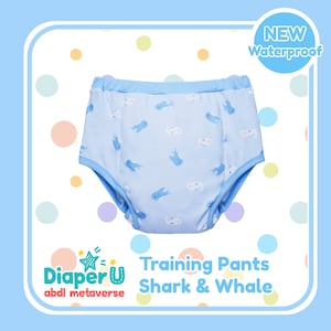 May include: Blue training pants with a shark and whale print. The pants are waterproof and have a blue elastic waistband. The text "Diaper U abdl metaverse" and "Training Pants Shark & Whale" are printed on the bottom of the image.