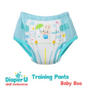 May include: Training pants with a cartoon bunny holding an umbrella, featuring blue and white stripes and accents. The text "Diaper U" and "Training Pants Baby Boo" are displayed. The design includes clouds, flowers, and a dotted line.