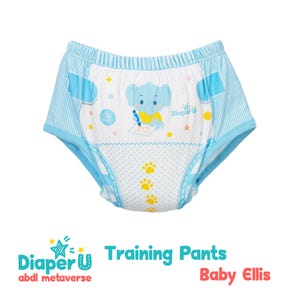 May include: Training pants with a blue and white design. The pants feature an illustration of a blue elephant drawing with a crayon. The text "Diaper U" and "Training Pants" are visible. The pants have a blue trim and a dotted pattern.
