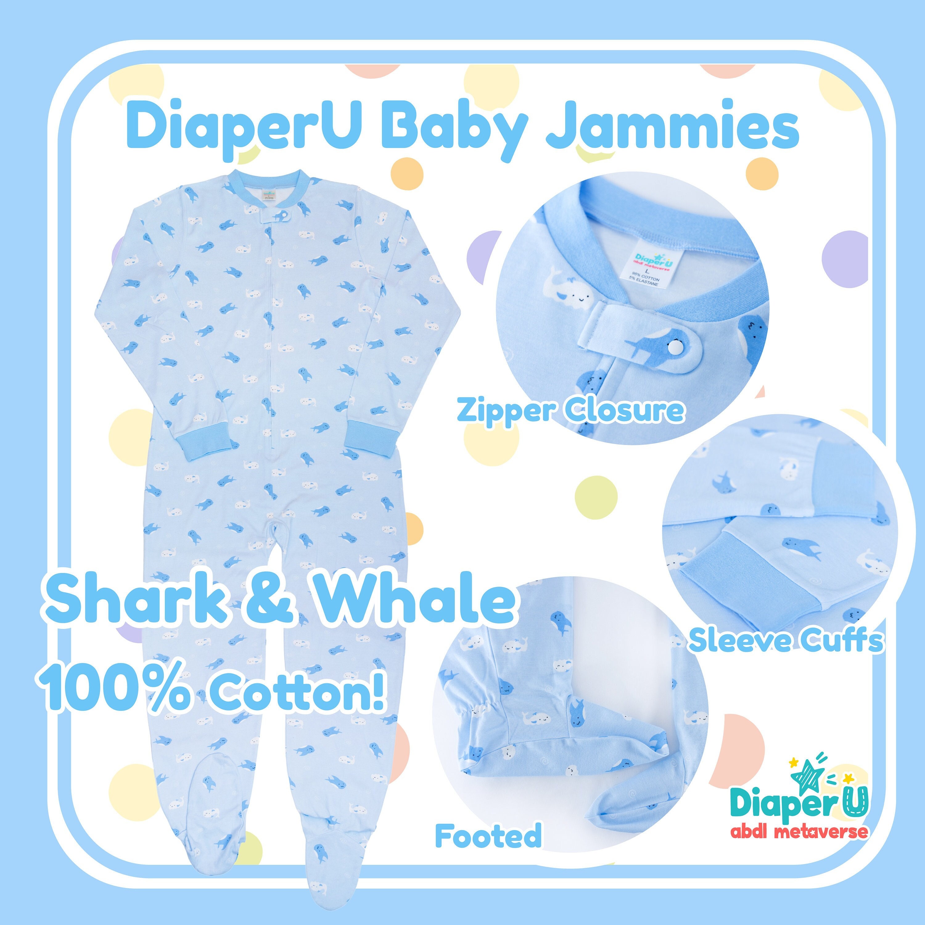 ABDL Adult Baby Footed Jammies - Shark & Whale
