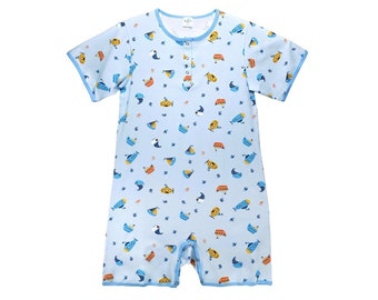 May include: A light blue short-sleeved onesie with a pattern of yellow submarines, blue sailboats, and white seagulls.