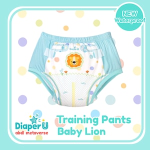 May include: Blue and white training pants with a lion print and the text "Diaper U abdl metaverse" and "Training Pants Baby Lion". The pants are waterproof and have a yellow elastic waistband.
