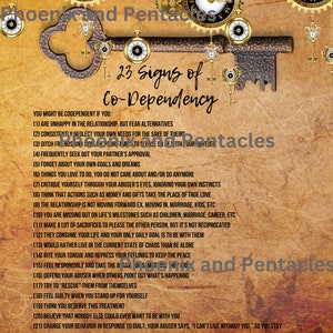 Puede incluir: Un póster de estilo vintage con una llave y engranajes de reloj. El texto dice "23 Signos de Co-Dependencia", enumerando comportamientos asociados con relaciones codependientes. El fondo tiene una textura de papel cálida y envejecida.